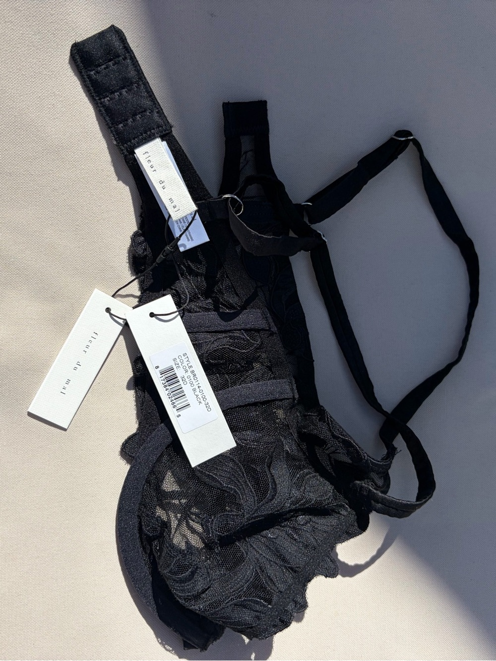 Fleur du Mal LILY EMBROIDERY PLUNGE DEMI BRA black lace 32D NWT - Picture 2 of 4